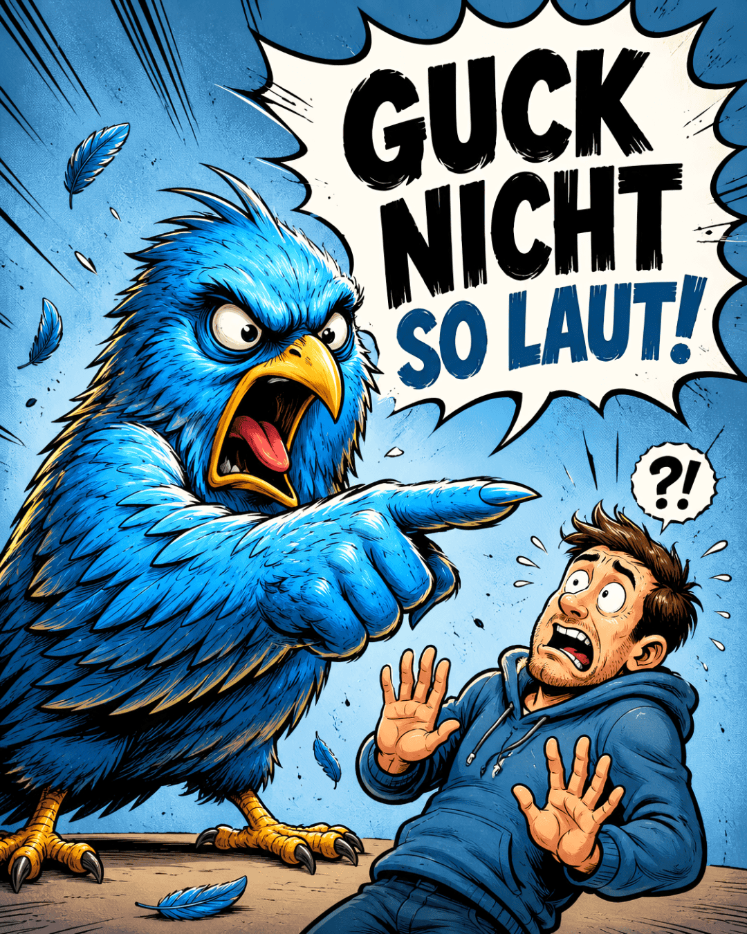 Lustige Comic Zeichnung eines wütenden blauen Vogels der Guck nicht so laut schreit.