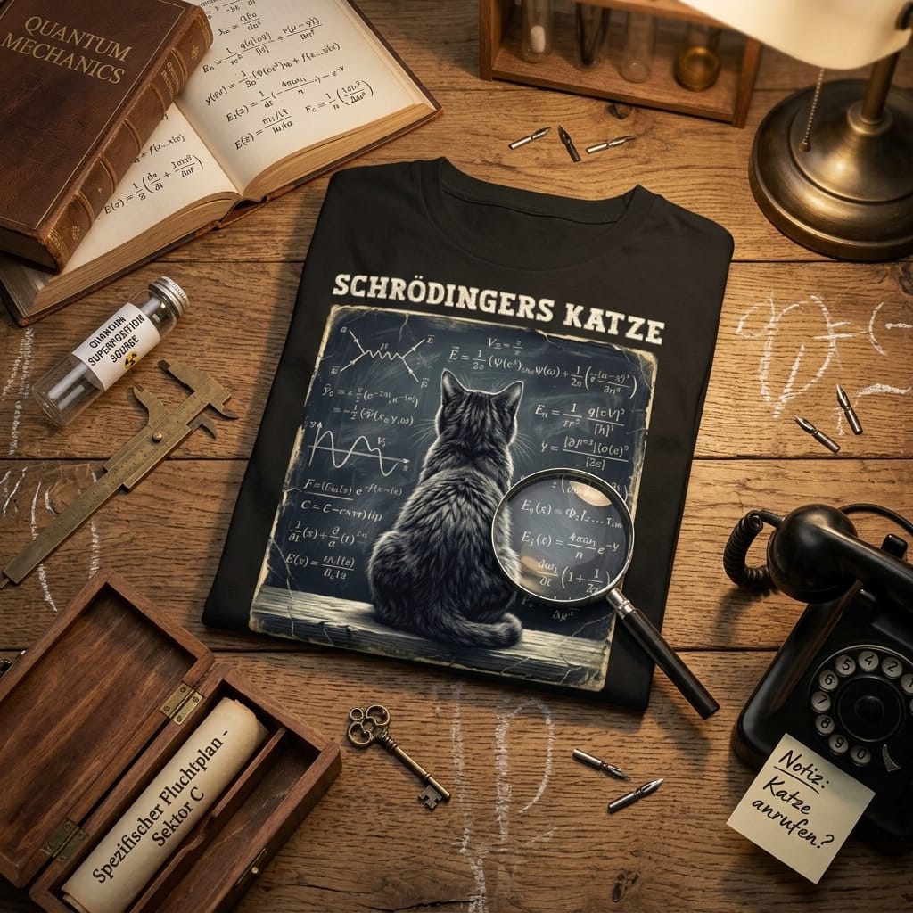 Schwarzes T-Shirt Mockup mit einem humorvollem Schrödingers Katze Design.