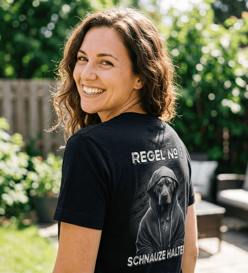 Eine fröhliche Frau steht in der Sonne und trägt ein schwarzes TShirt mit einem lustigem Hund darauf