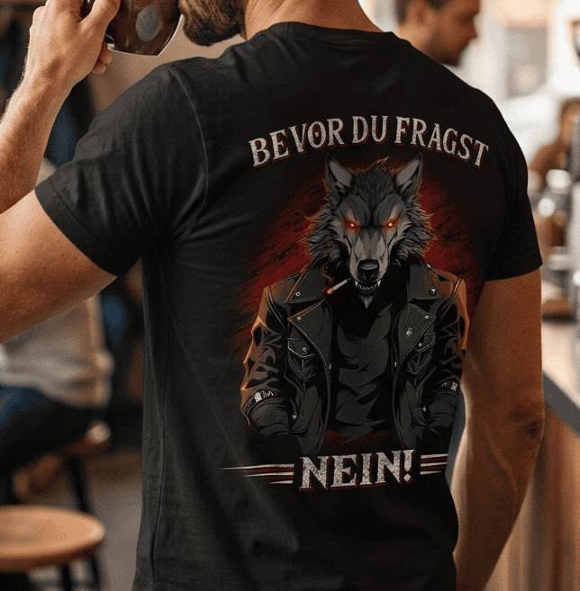 Ein Mann mit Kaffee trägt ein schwarzes Shirt mit dem Spruch Bevor du fragst Nein