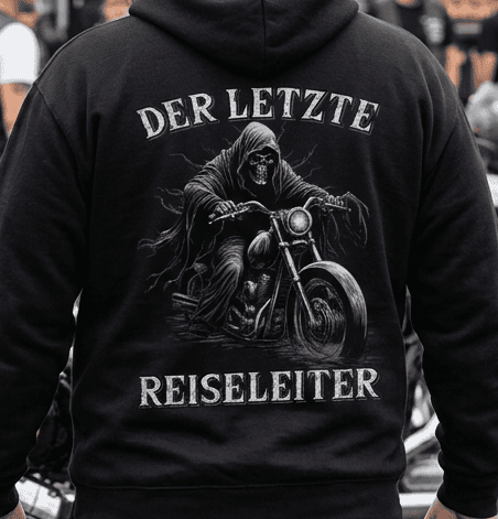 Eine Nahaufnahme eine schwarzen Hoodies mit dem lustigem Spruch der letzte Reiseleiter