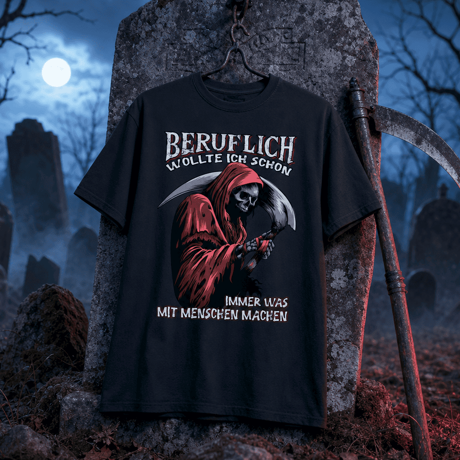 schwarzes T-Shirt mit Grim-Reaper-Illustration und humorvollem Spruch an einem Grabstein im Nebel