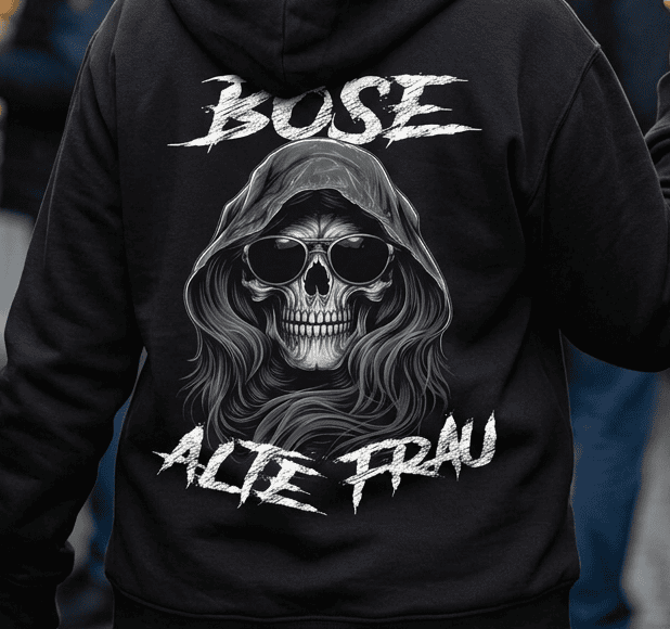 Rückansicht: Frau trägt schwarzen Hoodie mit Totenkopf und Spruch Böse alte Frau