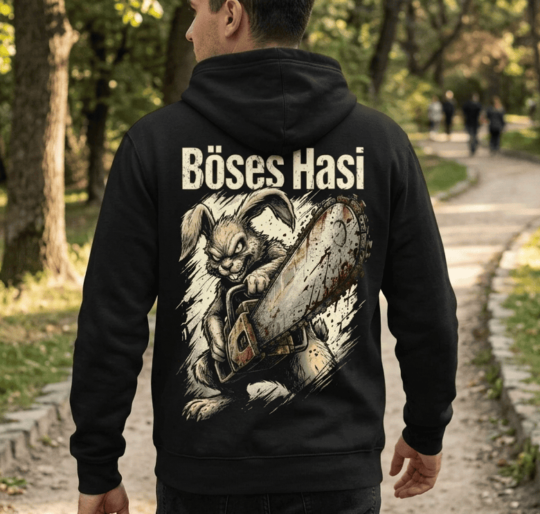 Rückansicht: Schwarzer Hoodie mit Spruch Böses Hasi und bösem Hasen-Motiv