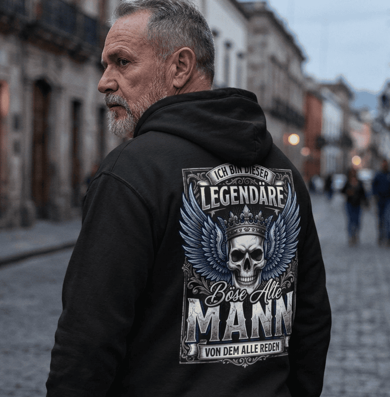 Schwarzer Hoodie mit humorvollem Totenkopf-Motiv in der Rückansicht.