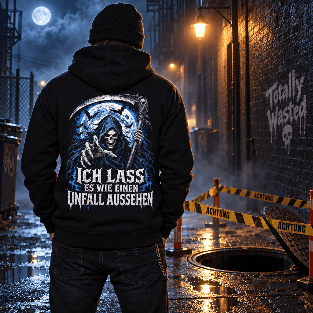 schwarzer Hoodie mit humorvollem Spruch Ich lass es wie einen Unfall aussehen Rückansicht