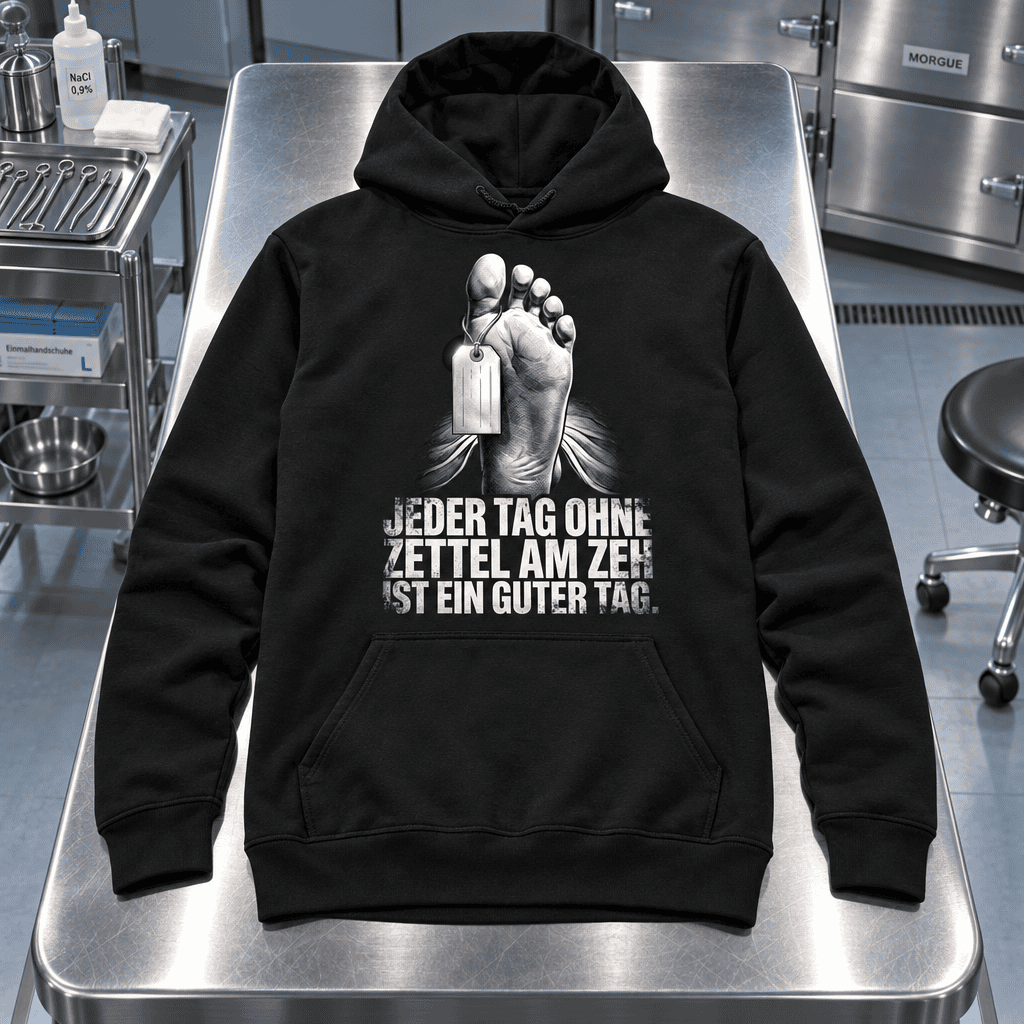 Schwarzer Hoodie mit humorvollem Spruch Jeder Tag ohne Zettel am Zeh ist ein guter Tag