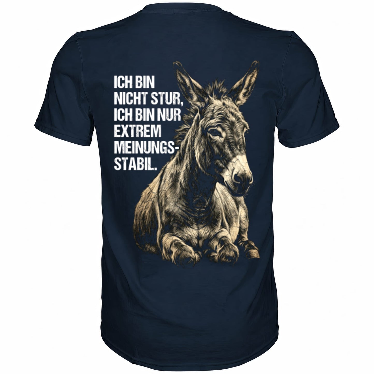 Blaues T-Shirt mit sarkastischem Spruch Ich bin nicht stur, nur extrem Meinungsstabil Rückansicht