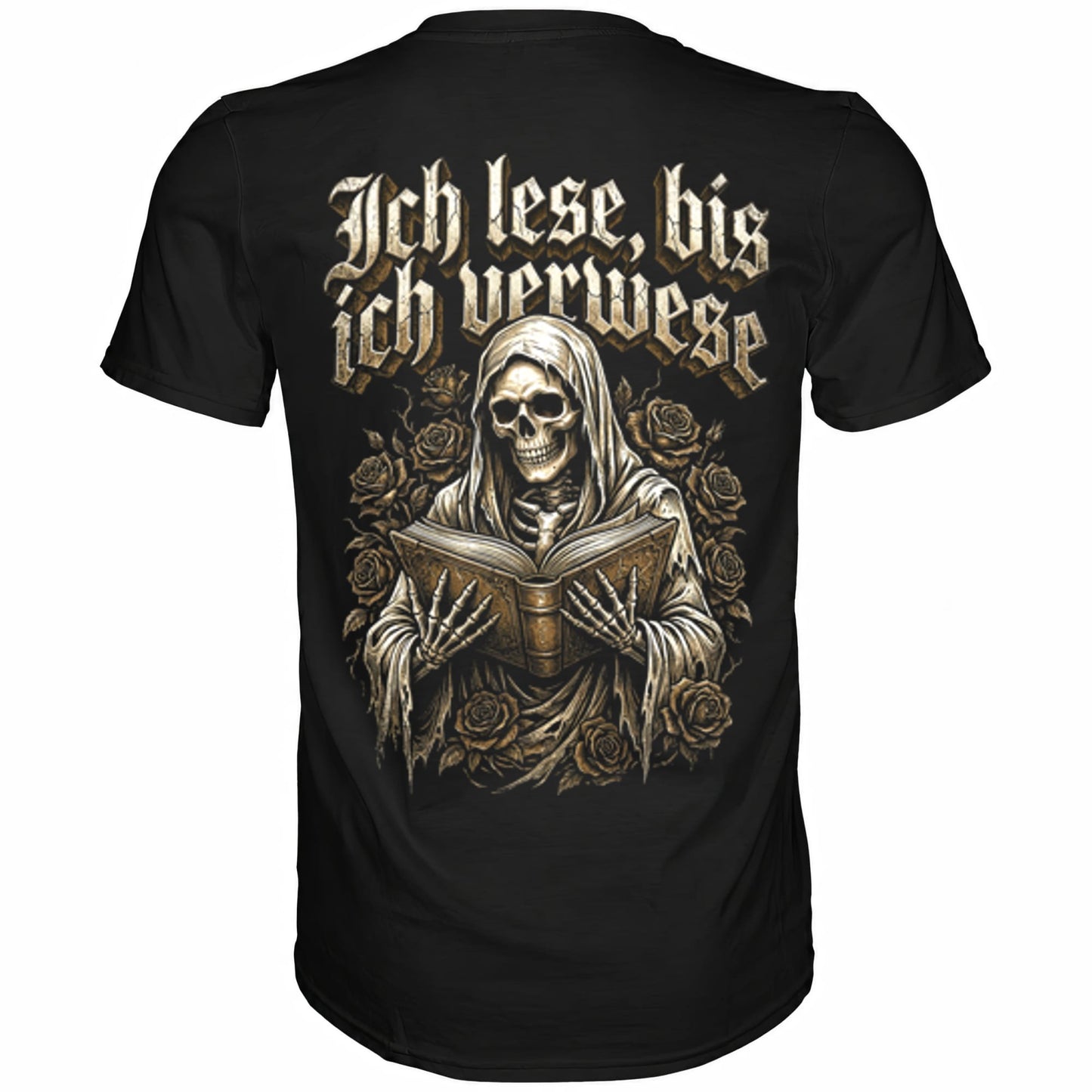 Schwarzes T-Shirt mit sarkastischem Spruch Ich lese, bis ich verwese Rückansicht