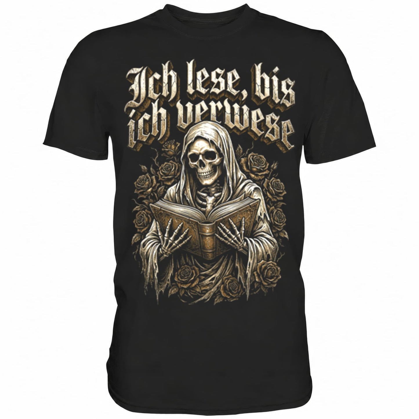 Schwarzes T-Shirt mit sarkastischem Spruch Ich lese, bis ich verwese
