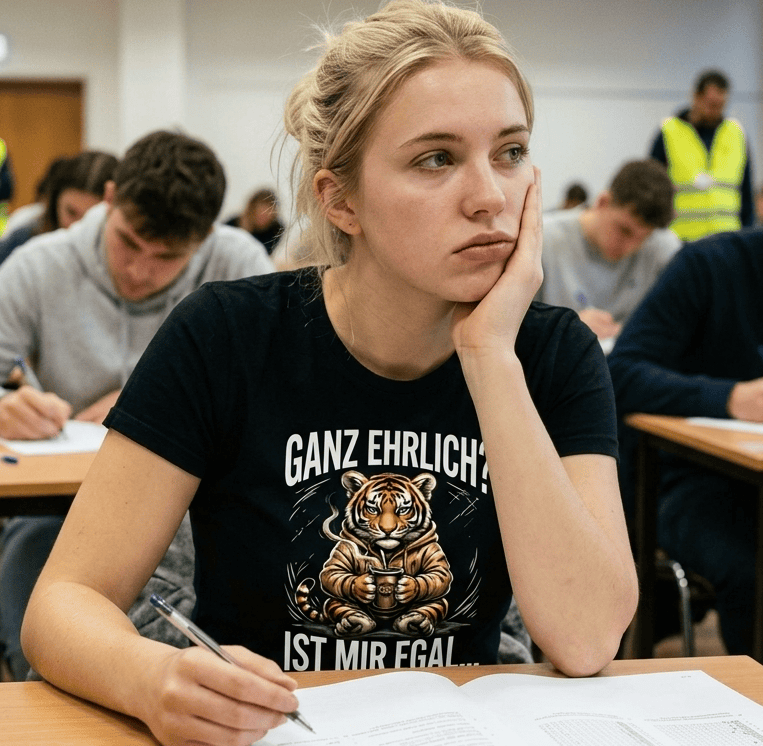 Frau trägt schwarzes T-Shirt mit Spruch Ganz ehrlich? Ist mir egal... und Tiger-Motiv