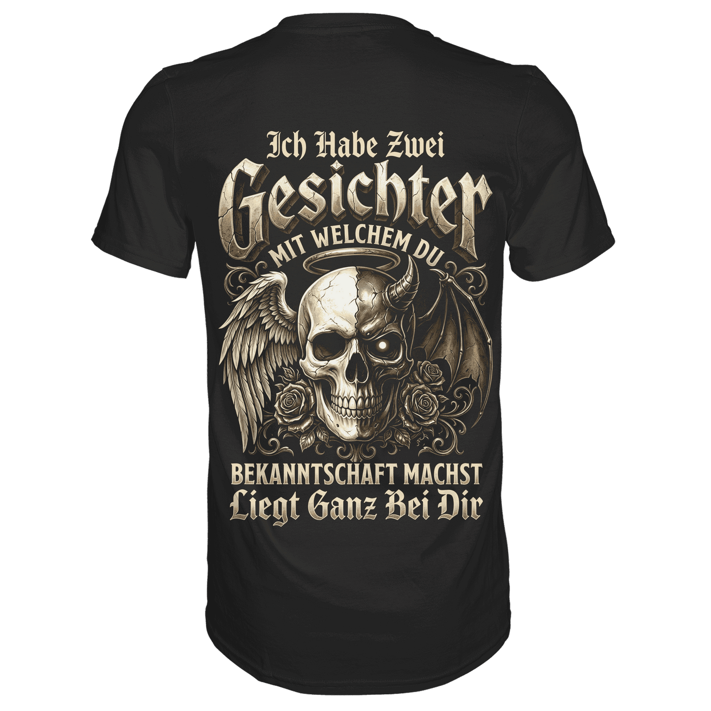 Schwarzes T-Shirt mit sarkastischem Engel Teufel Totenkopf Spruch Rückansicht