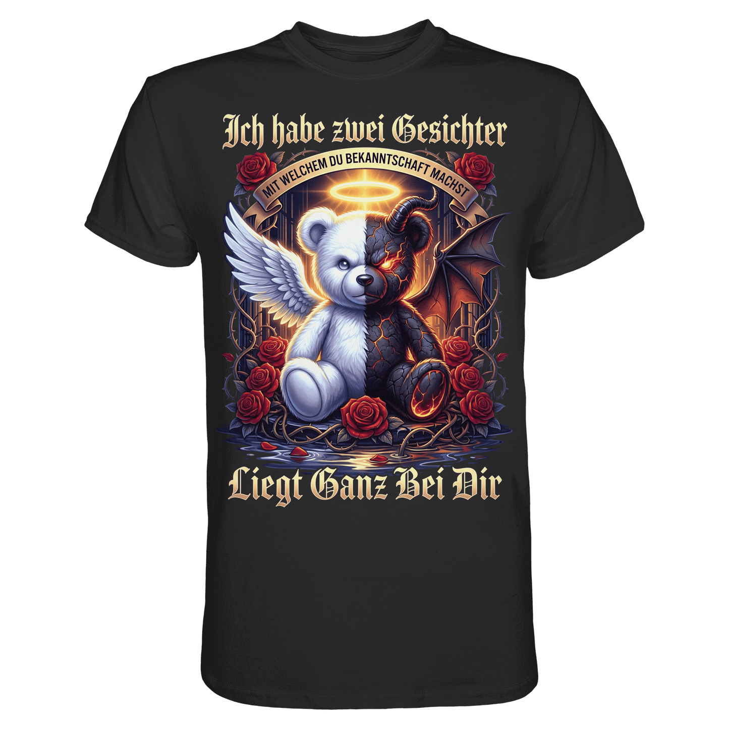 Schwarzes T-Shirt mit sarkastischem Engel Teufel Teddybär Spruch