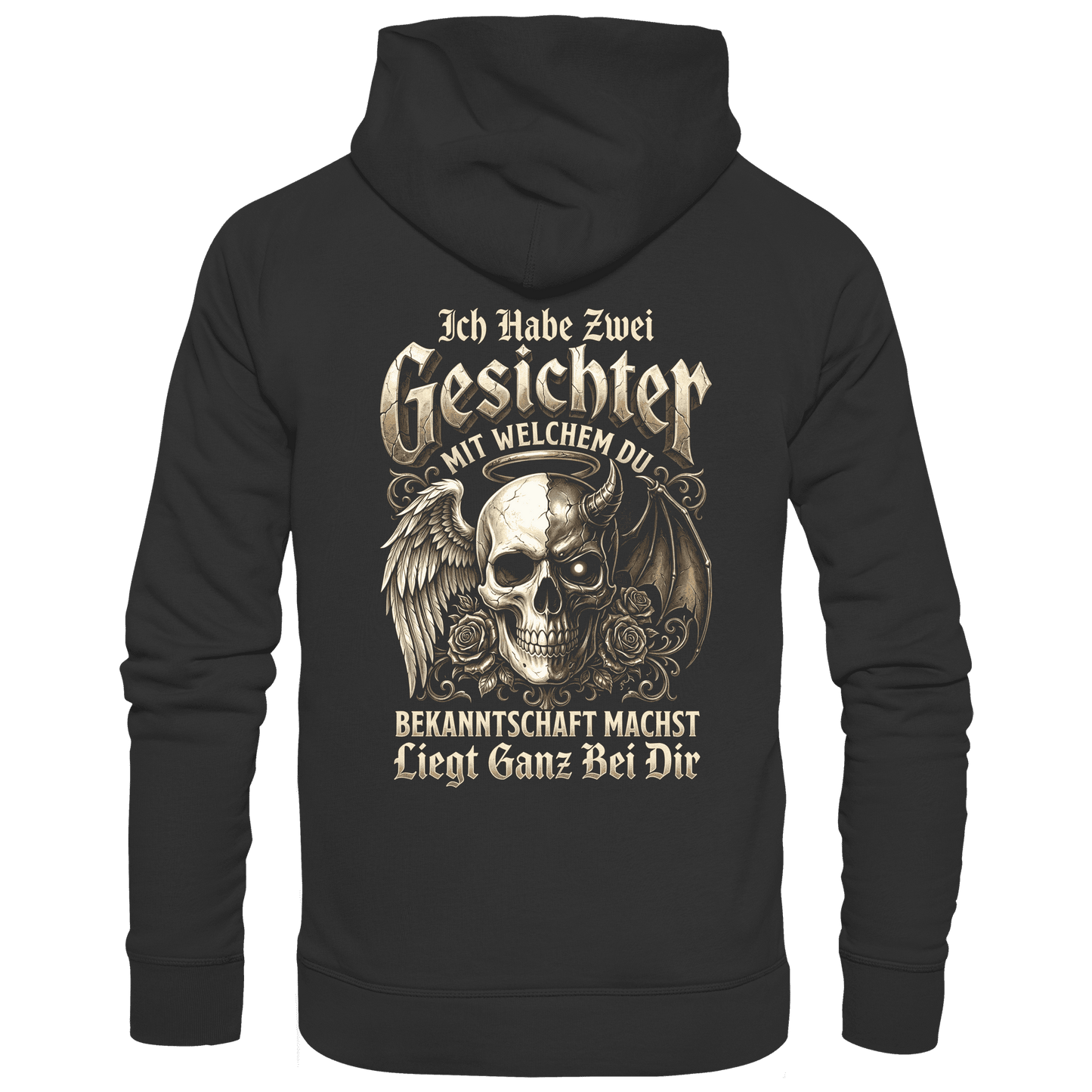 Schwarzer Hoodie mit sarkastischem Engel Teufel Totenkopf Spruch Rückansicht