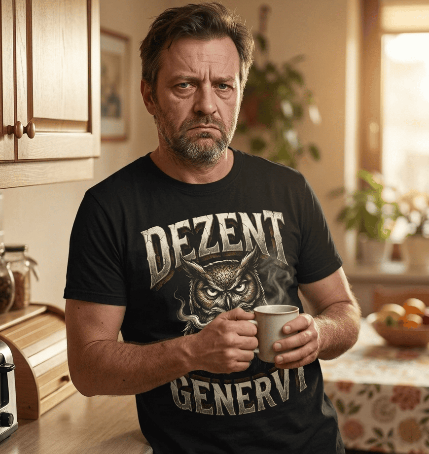 Mann trägt schwarzes T-Shirt mit grimmiger Eule und Spruch DEZENT GENERVT