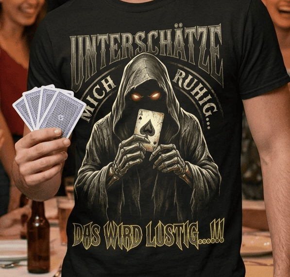 Mann trägt schwarzes T-Shirt mit Sensenmann-Illustration bei einem Spieleabend