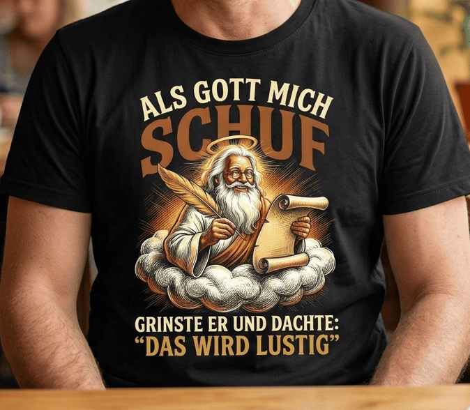 Mann trägt ein schwarzes Geburtstags T-Shirt Als Gott mich schuf grinste er
