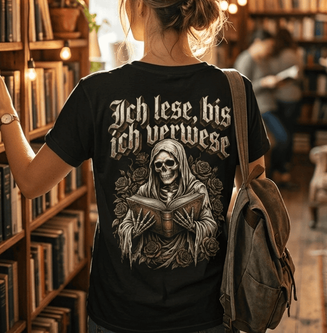 Rückansicht eines Mannes in schwarzem T-Shirt mit humorvollem Lese-Skelett-Motiv und Spruch Ich lese, bis ich verwese