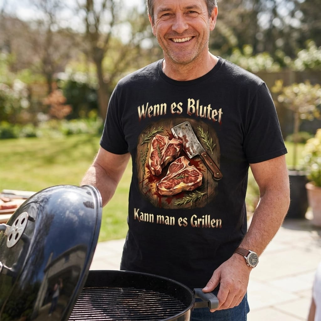 Mann trägt schwarzes T-Shirt mit Spruch Wenn es Blutet Kann man es Grillen