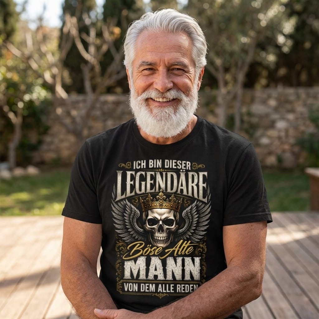 Mann trägt schwarzes T-Shirt mit humorvollem Totenkopf-Motiv für ältere Männer
