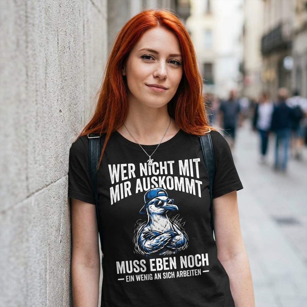 Mann trägt schwarzes T-Shirt mit coolem Möwen-Motiv und humorvollem Spruch