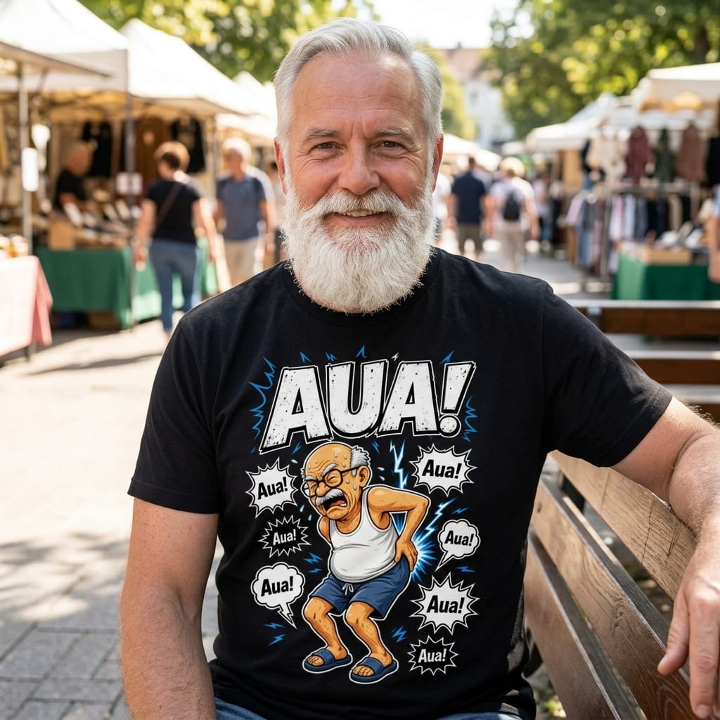 Mann trägt schwarzes T-Shirt mit humorvollem Comic-Motiv zu Rückenschmerzen und dem Spruch AUA