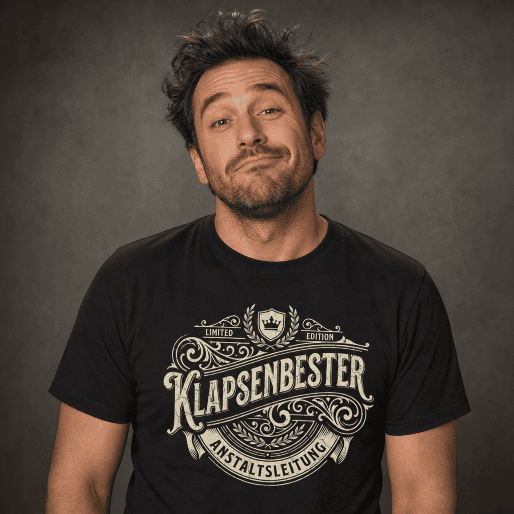Schwarzes T-Shirt mit humorvollem Spruch Klapsenbester Anstaltsleitung getragen von einem Mann