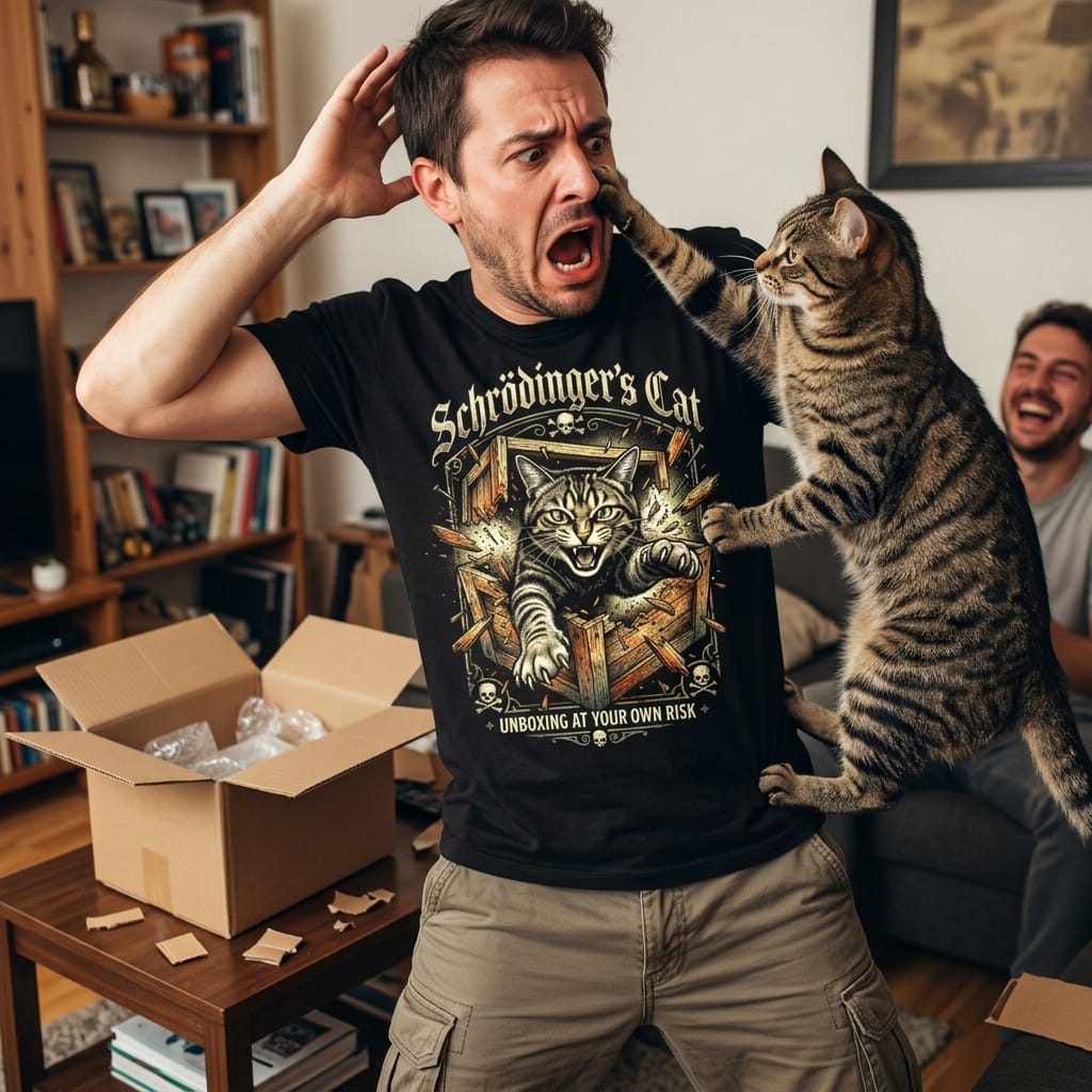 Mann trägt ein schwarzes T-Shirt mit humorvollem Schrödingers Katze Motiv.