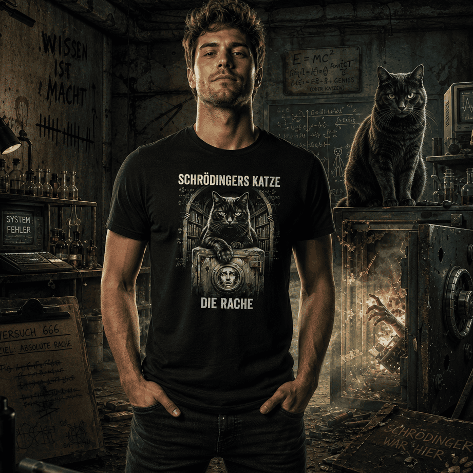 Mann mit schwarzem Shirt mit dem Spruch Schrödingers Katze - Die Rache und einer schwarzen Katze.