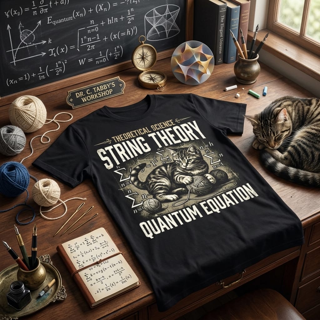 Schwarzes T-Shirt Mockup mit einem humorvollem String Theory Design.