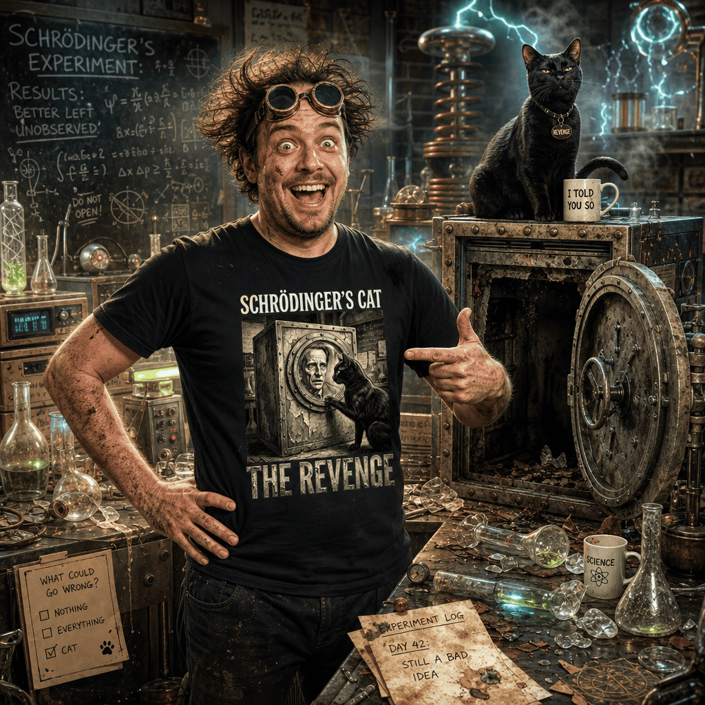 Verrückter Professor in Labor mit schwarzem Shirt und lustigen Schrödingers Katze Spruch.