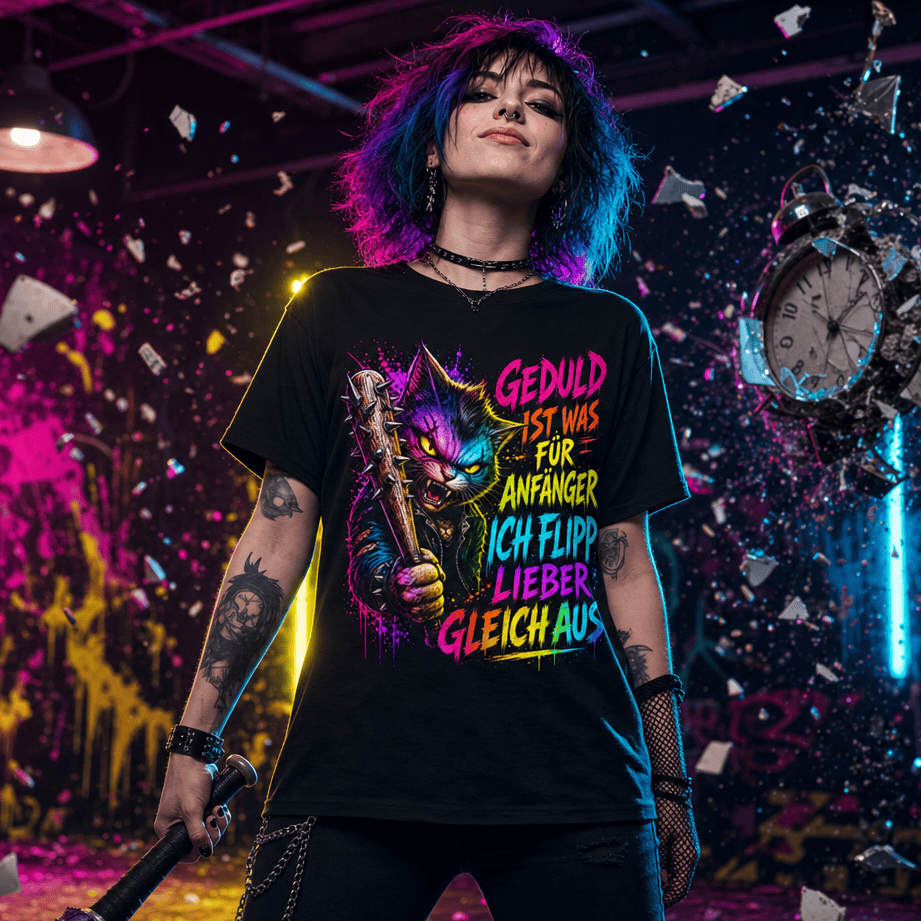 Schwarzes T-Shirt mit Spruch Geduld ist was für Anfänger ich flipp lieber gleich aus im Neon-Rage-Room