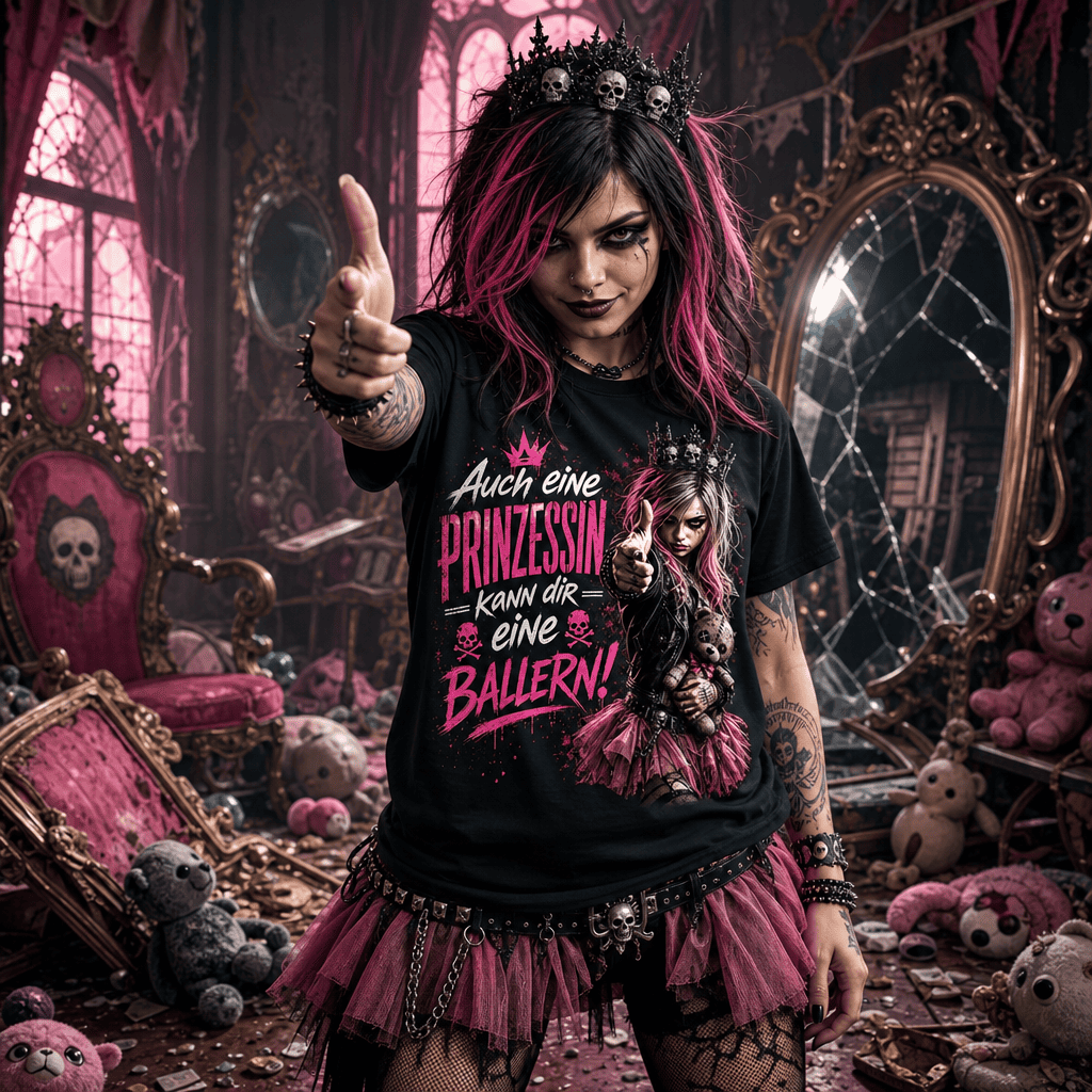 schwarzes T-Shirt mit humorvoller düsterer Prinzessinnen Illustration