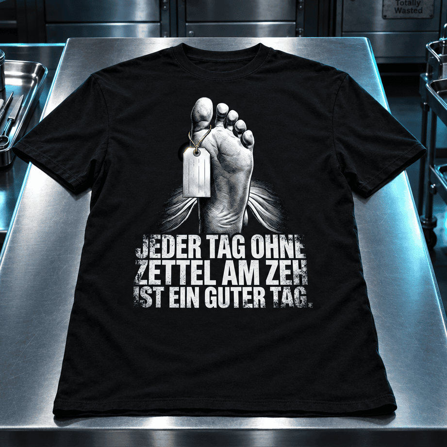 schwarzes T-Shirt mit humorvollem Spruch Jeder Tag ohne Zettel am Zeh ist ein guter Tag