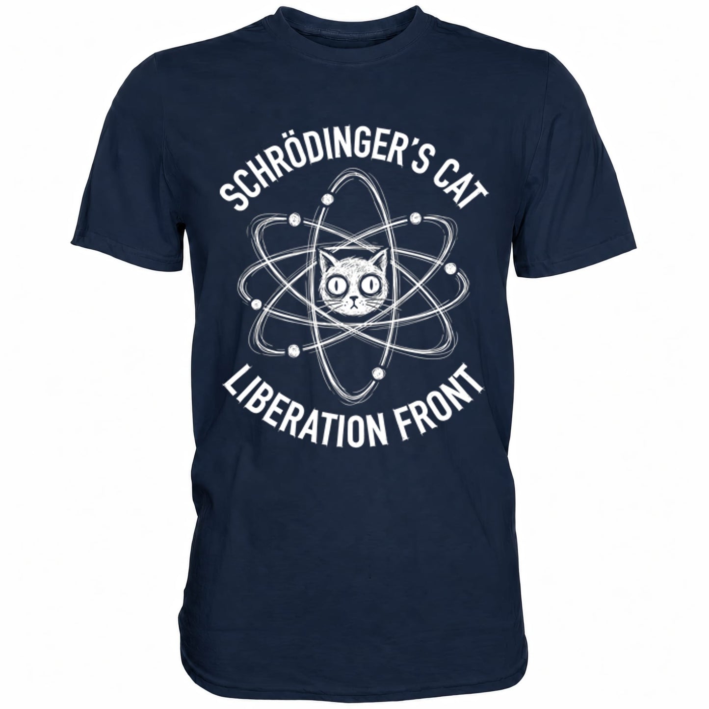 Blaues T-Shirt mit sarkastischem Spruch Schrödinger's Cat Liberation Front