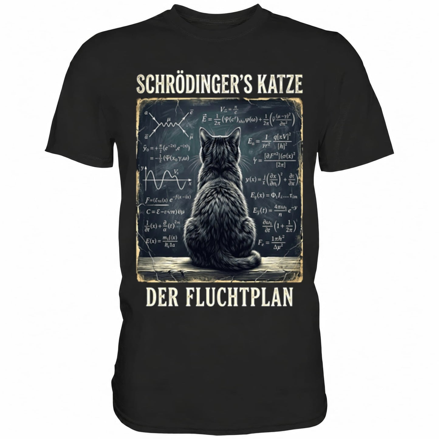 Schwarzes T-Shirt mit sarkastischem Spruch Schrödinger's Katze der Fluchtplan