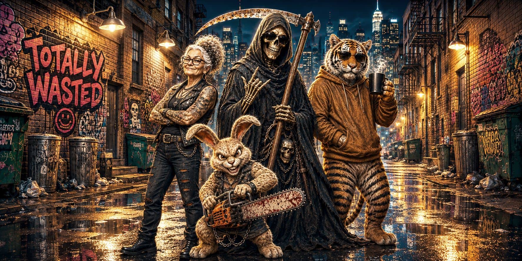 Grim Reaper mit Bösem Hasi, Tiger und Rocker Oma in einer nächtlichen Gasse
