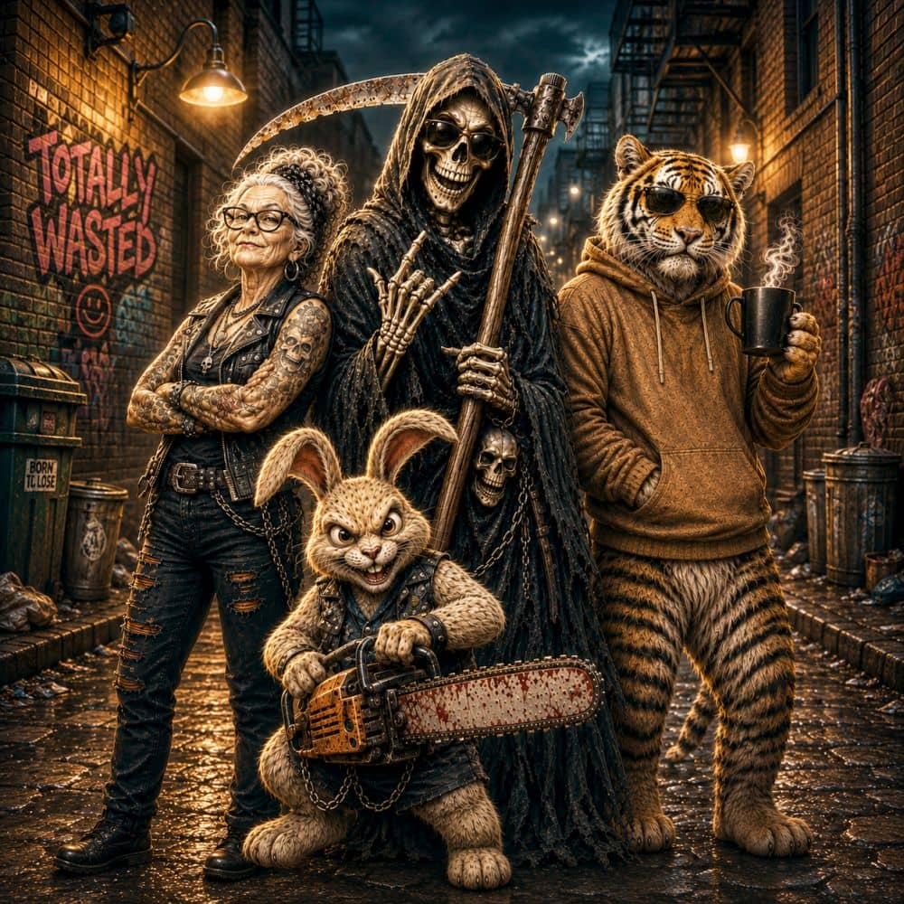 Grim Reaper mit Bösem Hasi, Tiger und Rocker Oma in einer nächtlichen Gasse