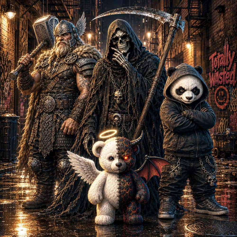 Grim Reaper mit Hammersbald, Panda und Engel-Teufel-Teddy in einer nächtlichen Gasse