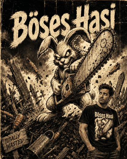 Poster Layout eines Bösen Hasis mit Kettensäge.