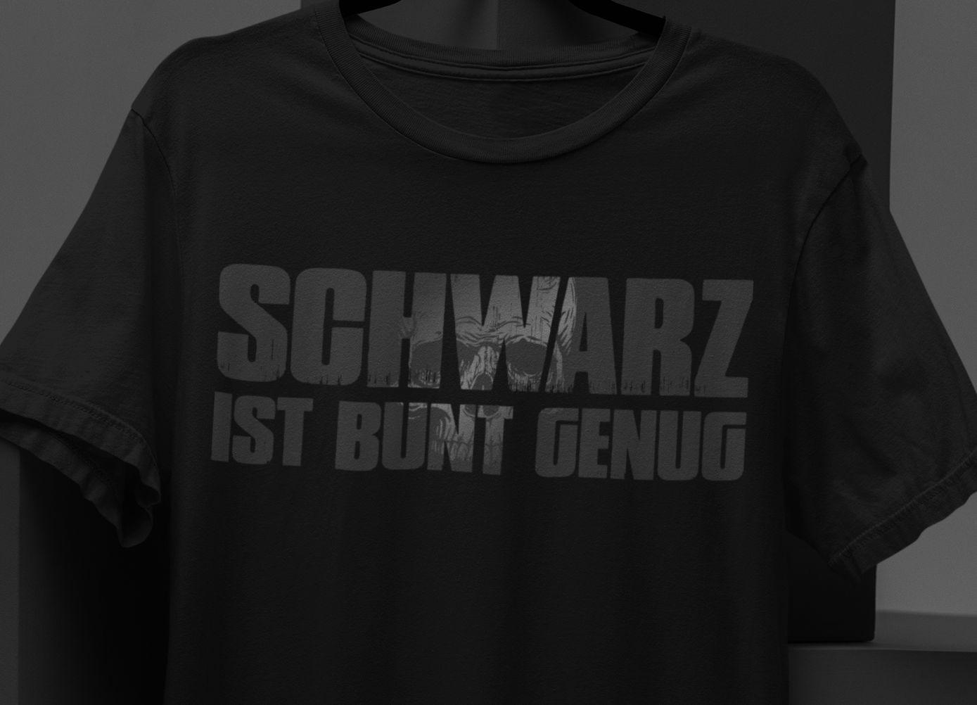 Mockup eines schwarzes T-Shirts mit sarkastischem Totenkopf Spruch Schwarz ist bunt genug