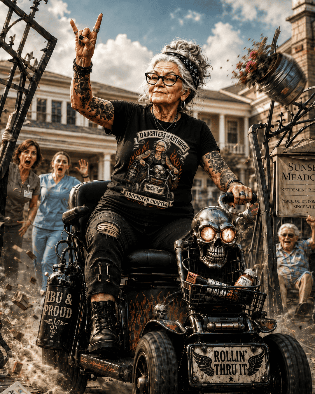 Eine alte Dame fährt auf einem getunten Rollator durch ein Tor.