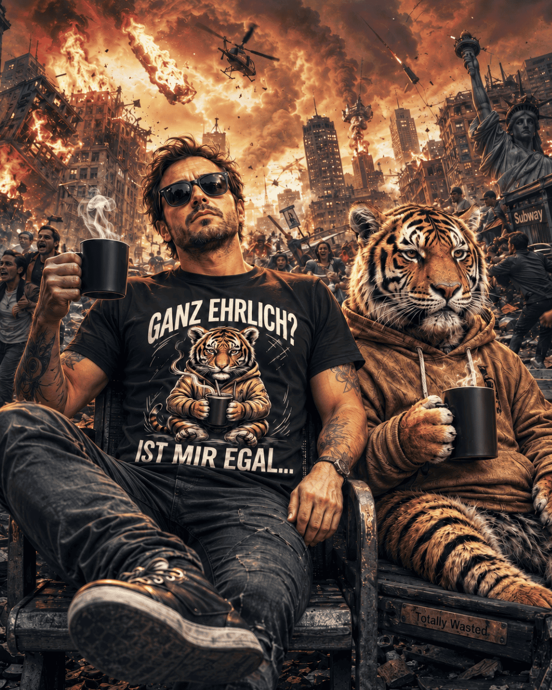 Ein Mann und ein Tiger sitzen im Weltuntergang mit dem T-Shirt "Ganz ehrlich? Ist mir egal..".