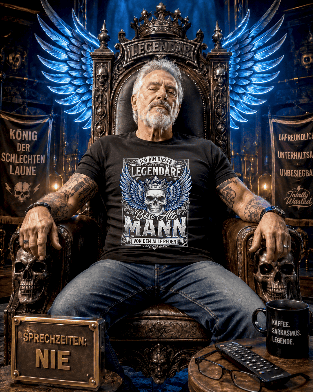 Der legendäre böse alte Mann von dem alle reden sitzt auf einem Thron.