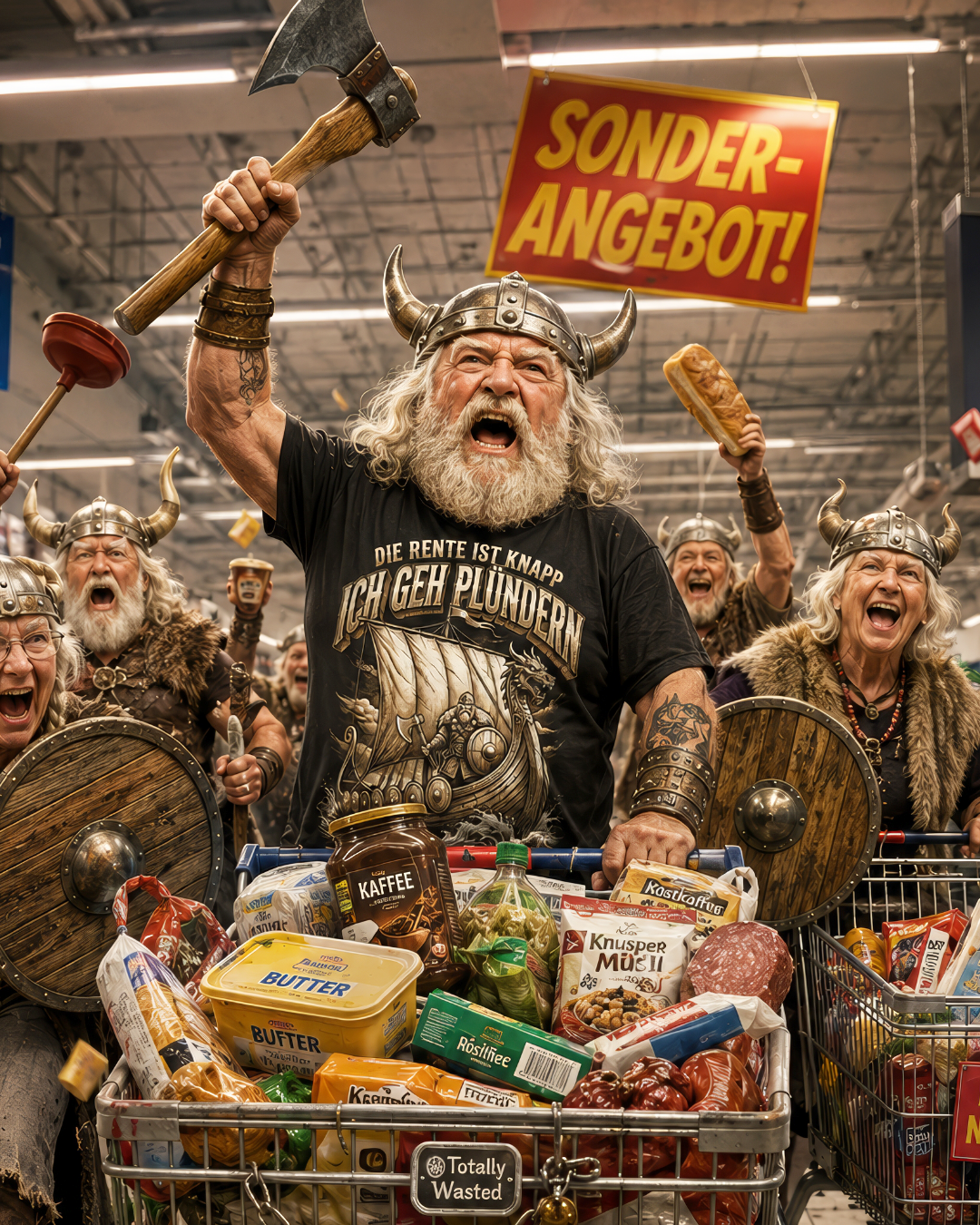 Eine Horde Rentner als Wikinger verkleidet plündern einen Supermarkt.