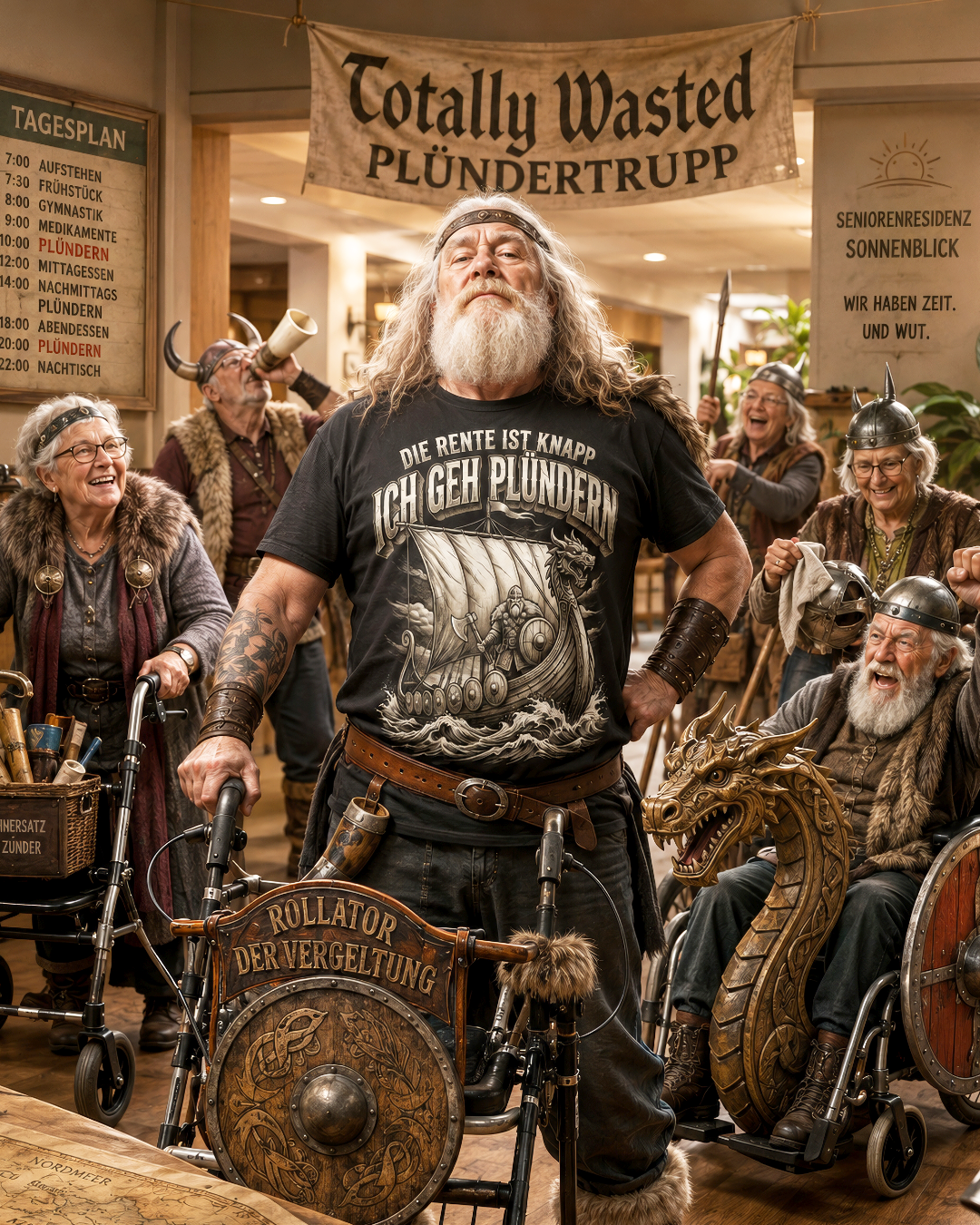 Eine Horde Rentner als Wikinger verkleidet gehen plündern.