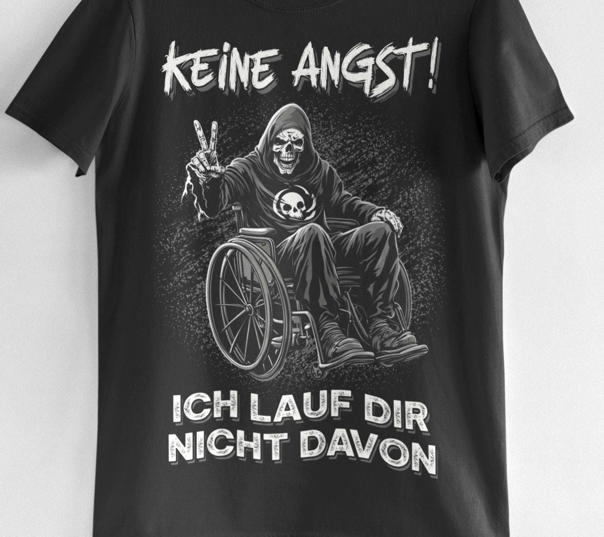 Lustiges schwarzes Shirt mit Sensenmann im Rollstuhl der ein Peace Zeichen macht