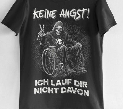 Lustiges schwarzes Shirt mit Sensenmann im Rollstuhl der ein Peace Zeichen macht
