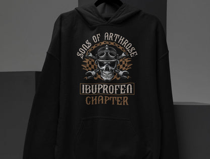 Mockup eines schwarzen Hoodie mit dem Biker Spruch Sons of Arthrose Ibuprofen Chapter