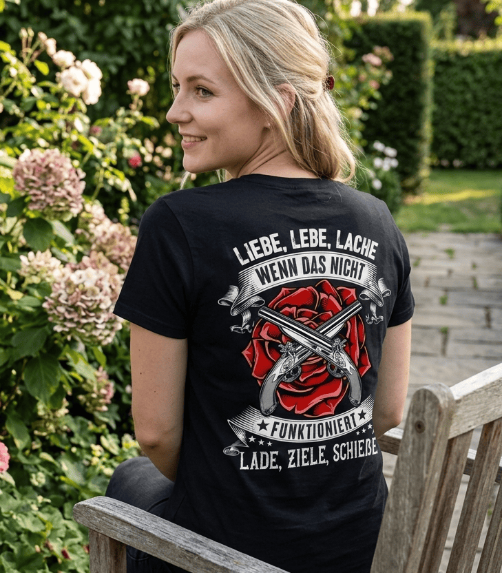 Eine blonde Frau sitzt auf einer Parkbank und trägt ein lustiges schwarzes T-Shirt